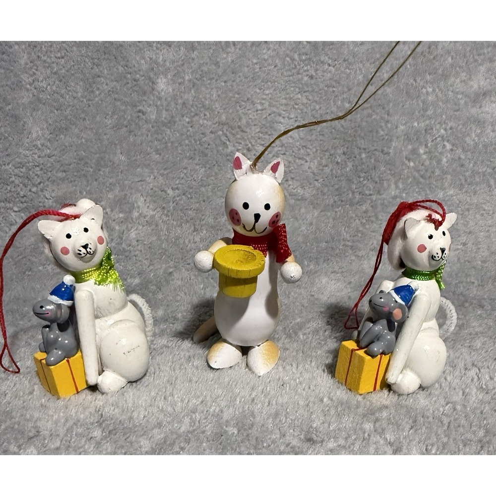 Midwest Vintage Mini Wooden Cat Kitten Mouse Christmas Ornaments 3 pcs